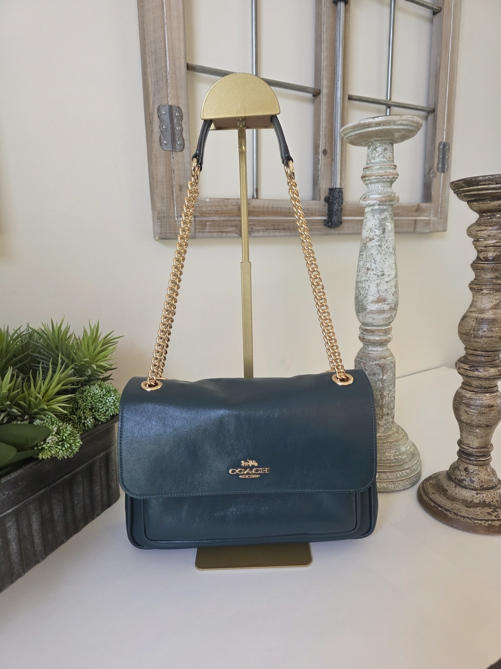 Coach Elodie Dark Teal Smooth Leather Crossbody/Shoulder Bag Gold Chain NWT